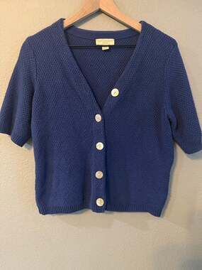 Appleseed’s PM Blue Cotton Short Sleeve Textured Cardigan Cottagecore Casual